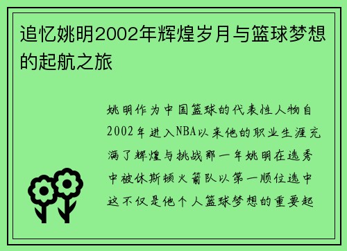 追忆姚明2002年辉煌岁月与篮球梦想的起航之旅